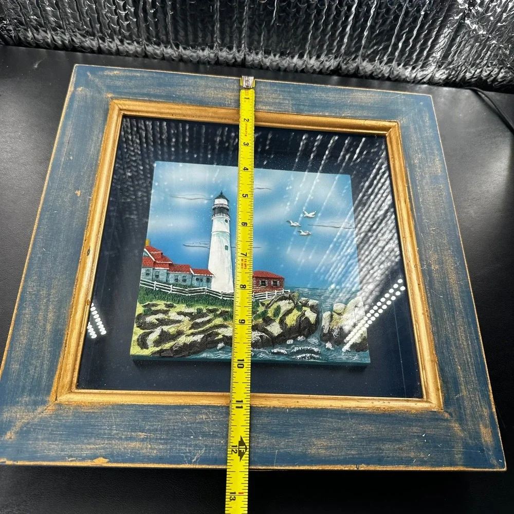Lighthouse‎ 3D Framed Wall Art 12x12 Blue Gold Coastal Nautical